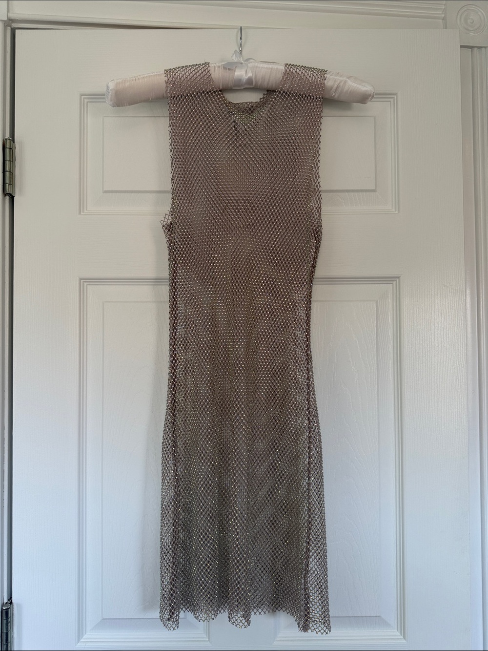Sleeveless Taupe Knit Mesh Rhinestone Dress